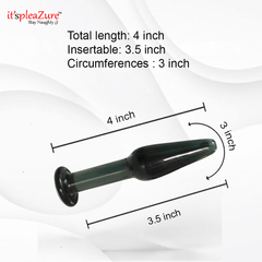 Green and black cylindrical product with measurements on a white background