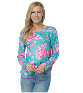 Itspleazure's Blue Floral & Stripes Print Full Sleeve women's Top