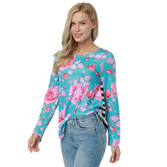 Itspleazure's Blue Floral & Stripes Print Full Sleeve women's Top