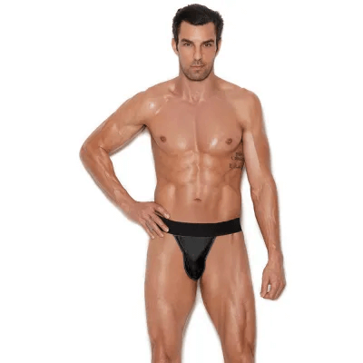 This image features a model wearing the Itspleazure Wide Waist Starp Black Men's Bikini Thong. The thong is black, offering a sleek and bold look.