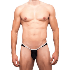 This image features a model wearing the Itspleazure Blue Side Slit Men's Brief, designed for a comfortable and bold fit. The brief is predominantly black with a striking blue side slit that adds a unique touch to the design.