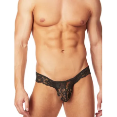 This image features a pair of men's bikini lingerie by Itspleazure, designed with a delicate black floral mesh pattern. The product is tailored to provide a snug and flattering fit, emphasizing both comfort and style.