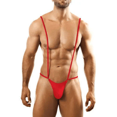 This image features a bold and striking red mankini for men, designed by Itspleazure. The mankini is characterized by a low-rise thong cut with a wide, supportive posing pouch that enhances comfort and appeal.