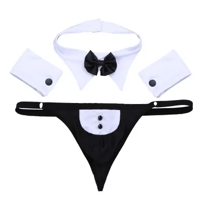 A men's black and white kinky tuxedo thong with bow tie, collar, and button details.