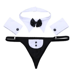 A men's black and white kinky tuxedo thong with bow tie, collar, and button details.