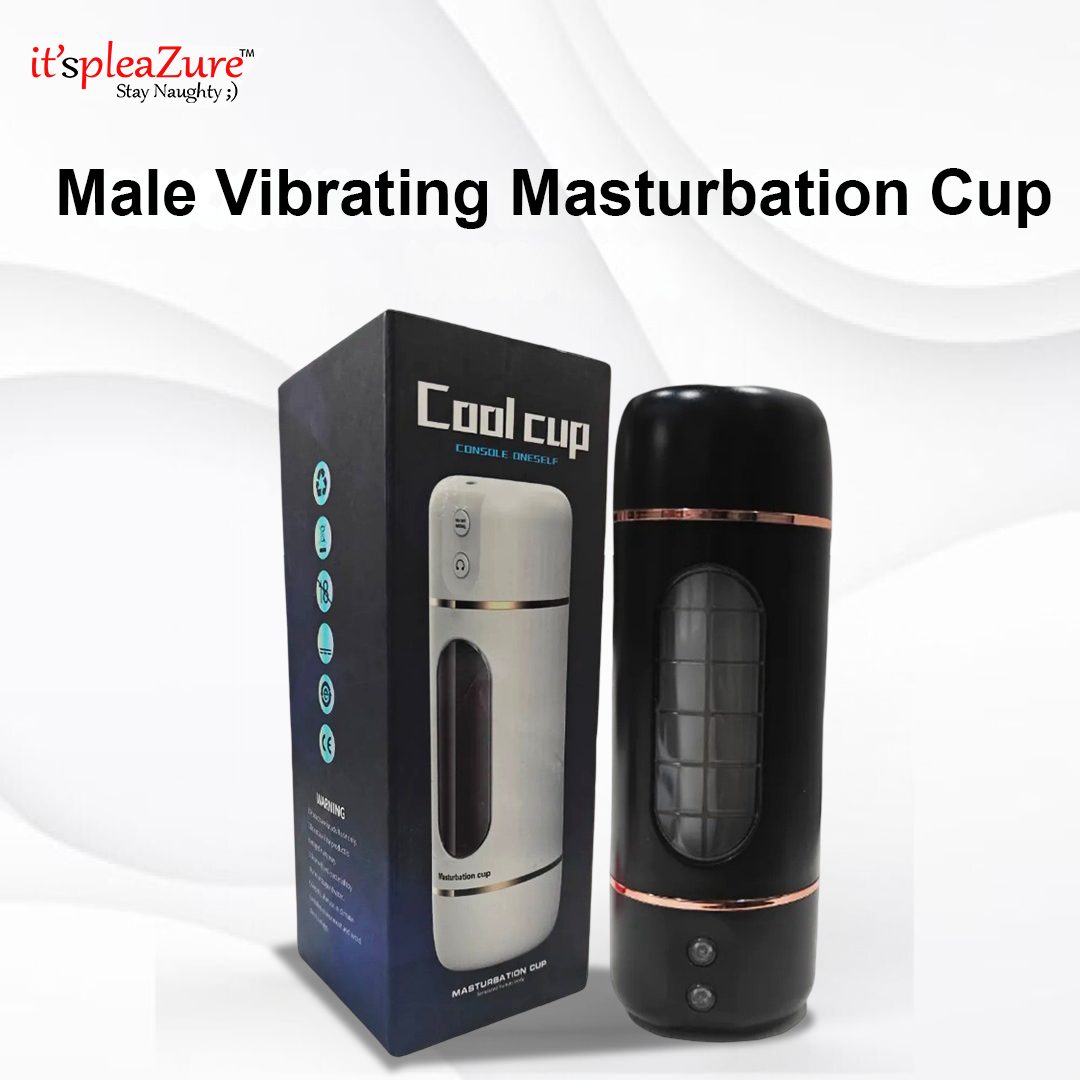 Male vibrating masturbation cup with packaging on a white background