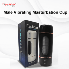 Male vibrating masturbation cup with packaging on a white background