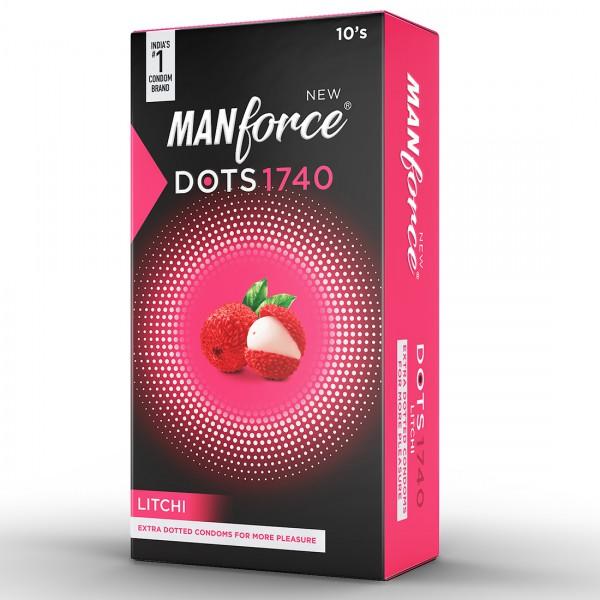 Packaging of Manforce Dots 1740 condoms with litchi flavor, showing the box with a red berry image and the text '10 extra dotted condoms for more pleasure' prominently displayed.