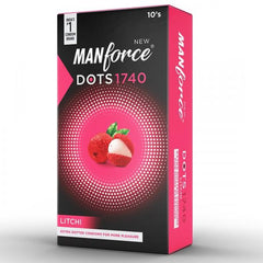 Packaging of Manforce Dots 1740 condoms with litchi flavor, showing the box with a red berry image and the text '10 extra dotted condoms for more pleasure' prominently displayed.