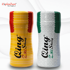 Two small containers with different designs and text on a white background