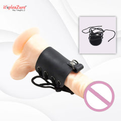 Black leather glove with a small object on a white background, featuring 'it's pleaZure' branding.