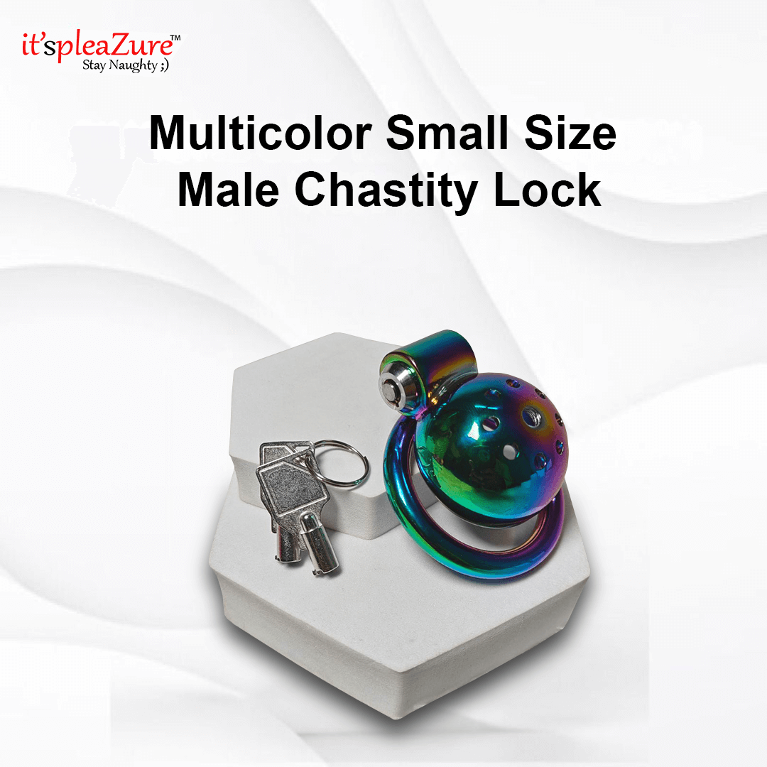 Multicolor small size male chastity lock on a white background with 'it's pleAZure' branding.
