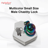 Multicolor small size male chastity lock on a white background with 'it's pleAZure' branding.