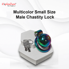 Multicolor small size male chastity lock on a white background with 'it's pleAZure' branding.