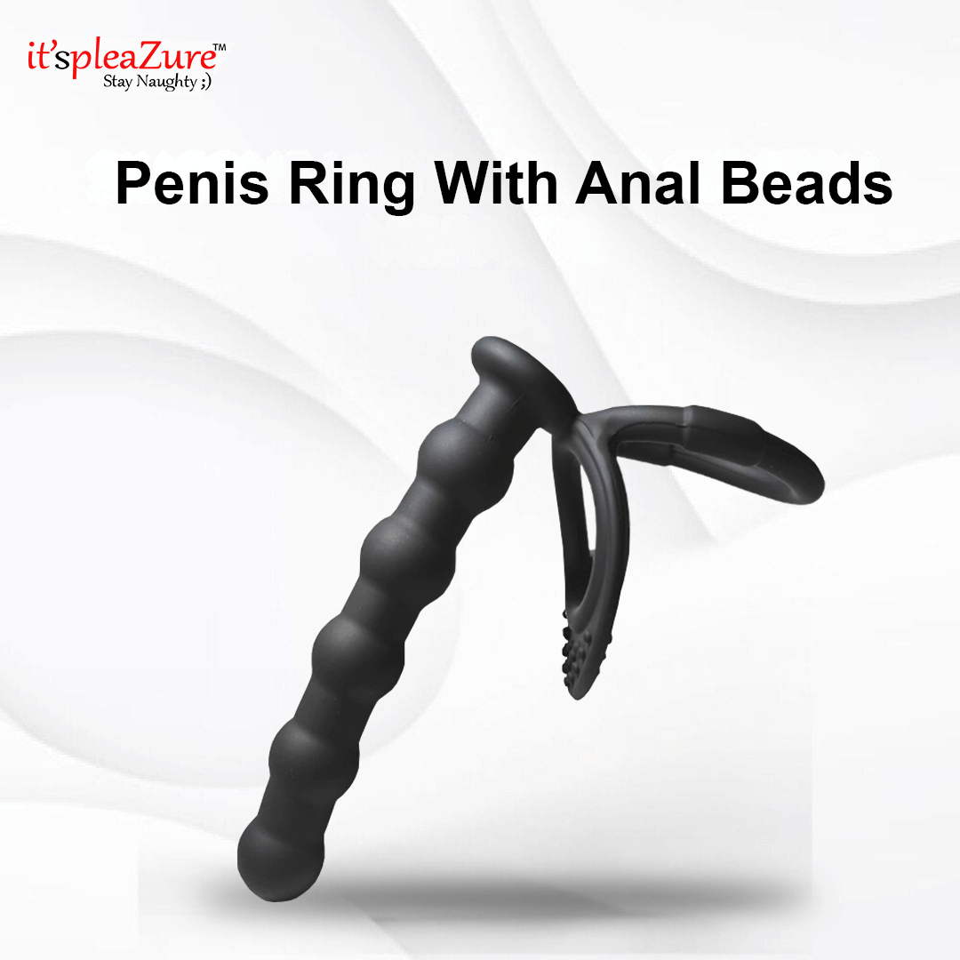 Black penis ring with anal beads on a white background, branded 'it's pleAZure'.