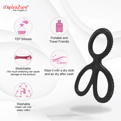Black toy with branding and features on a white background