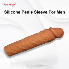 Silicone penis sleeve for men on a white background with 'it's pleaZure' branding.