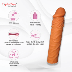 Orange silicone product with features listed on a white background