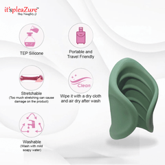 Green silicone product with features listed on a white background