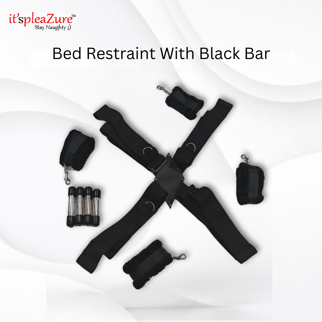 Black bed restraint set with black bar on a white background, featuring 'it'spleaZure' branding.