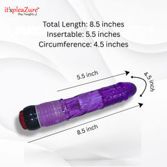Purple cylindrical product with measurements on a white background, branded 'it's pleAZure'.