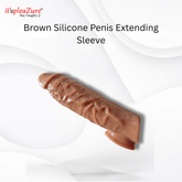 Brown silicone penis extending sleeve on a white background with 'it's pleazure' branding.