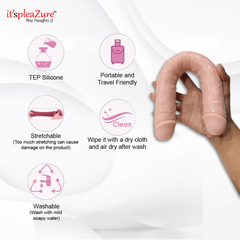 Hand holding a silicone product with features listed on a white background