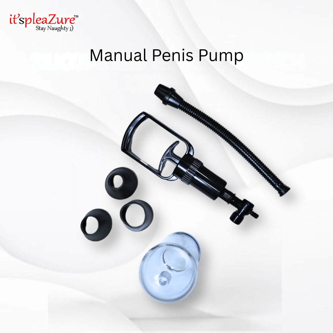 Manual penis pump with accessories on a white background, featuring the 'it's pleazure' brand.