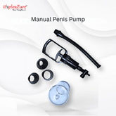 Manual penis pump with accessories on a white background, featuring the 'it's pleazure' brand.