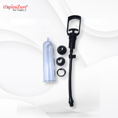 Sex toy parts including a black pump, clear container, and black hose on a white background with 'it's pleazure' branding.