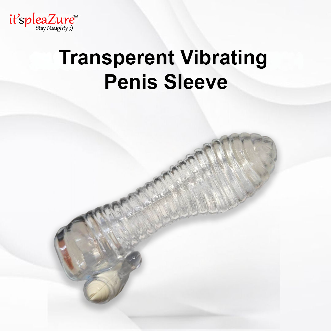 Transparent vibrating penis sleeve on a white background with 'it's pleazure' branding.
