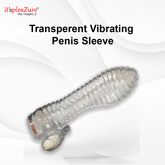 Transparent vibrating penis sleeve on a white background with 'it's pleazure' branding.