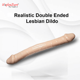Realistic double-ended lesbian dildo with 'it's pleazure' branding on a white background