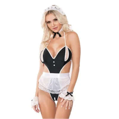 A model wearing a black polyester teddy with a French maid design, including a halter neck and ruffled detailing.