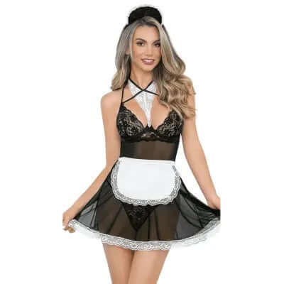 A woman wearing a black floral mesh babydoll maid costume with a bow headpiece.