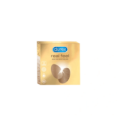 Packaging of Durex Real Feel condoms. The box is gold with a clear window displaying the condom design.