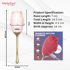 Product specs: 7cm rose head, 16.5cm length stimulator – magnetic charging compatible with power banks