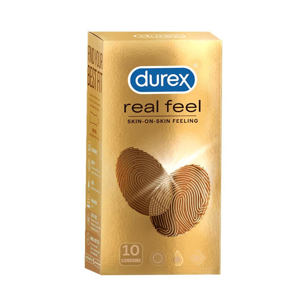 Packaging of Durex Real Feel condoms showing a gold box with a fingerprint design and text indicating a pack of 10 condoms.