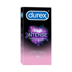 Packaging of Durex Intense Condoms showing a box of 10 condoms with a pink and purple design, highlighting the brand and product features.