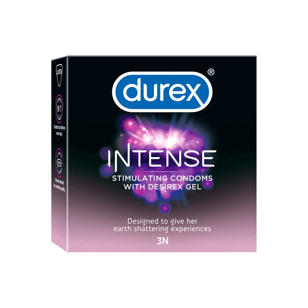 Packaging of Durex Intense Condom, showing a black box with the product name and a graphic representation of the condom.