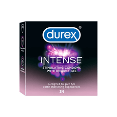 Packaging of Durex Intense Condom, showing a black box with the product name and a graphic representation of the condom.
