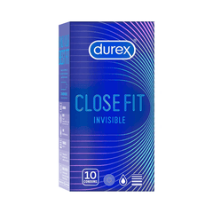 A box of Durex Close Fit Invisible Condoms for Men containing 10 pieces. The packaging is predominantly blue with product information displayed.