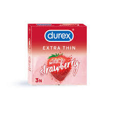Packaging of Durex Wild Strawberry flavored condoms, indicating a pack size of 3 and a fruity aroma.