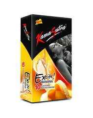 Kama Sutra Excite Banana condom packaging on a white background
