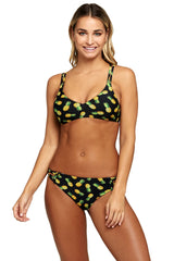 This image features the ItspleaZure Black Pineapple Printed Bikini Set for women. The bikini top is adorned with a vibrant pineapple print, creating a playful and summer-like atmosphere.