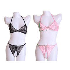ItspleaZure Lace Open Bra Crotchless Thong Bikini Set - Black And Pink