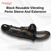 Black reusable vibrating penis sleeve and extension on a white background with 'it's pleaZure' branding.