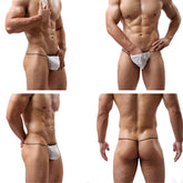 This image features a set of four photographs showcasing the ItspleaZure Colored Men's Simple Pouche from different angles. The product, a men's brief, is presented in a clean white color.