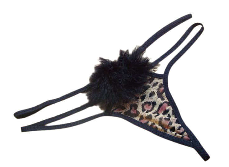 A black fur thong with leopard print accents on the mesh material.