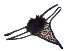 A black fur thong with leopard print accents on the mesh material.